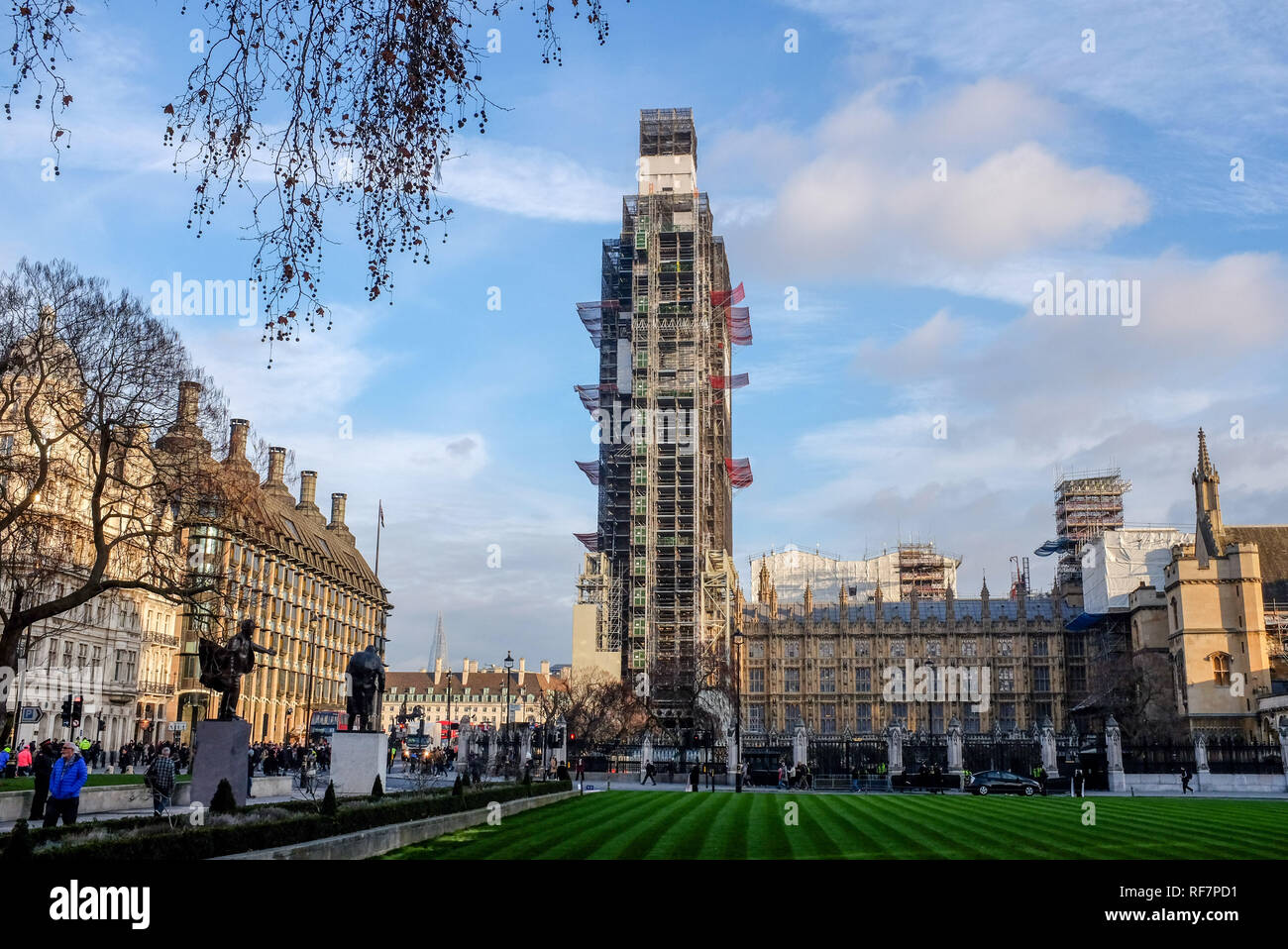 Renovation work being carried out on the Houses of Parliament and Big Ben clock tower Westminster London UK  Photograph taken by Simon Dack Stock Photo