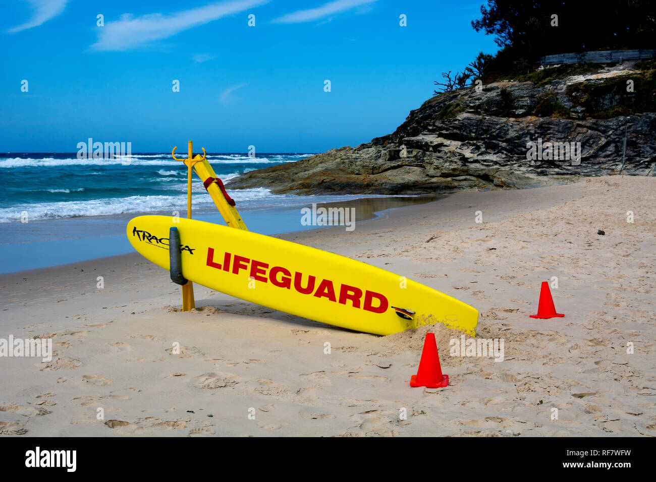 Lifeguard surfboard on Cylinder Beach, Point Lookout, North Stradbroke Island, Queensland, Australia Stock Photo