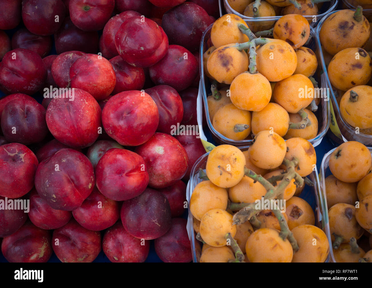 Fresh pulms and fresh loquats. Pulms in pile and loquats in packages. Close image from above. Stock Photo