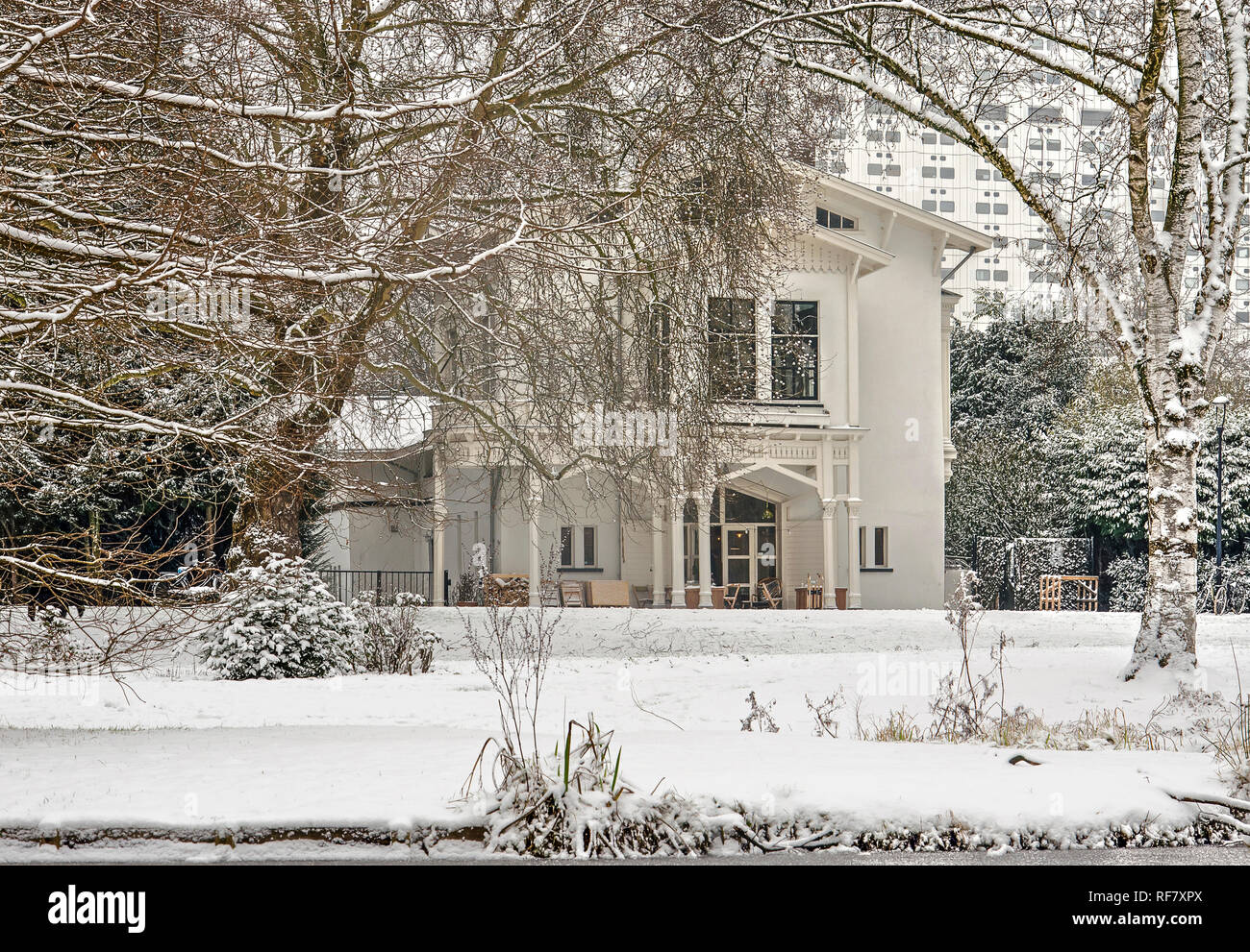 Rotterdam, January 22, 2019: wintry scene in The Park with the former coach chouse, now a cafe, and in the background the white facade of the Erasmus  Stock Photo