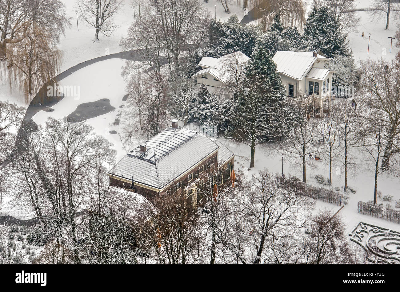 Rotterdam, January 22, 2019: aerial view of a part of the Park in winter, with the former Mansion and Coach House, now restaurants/cafes Stock Photo