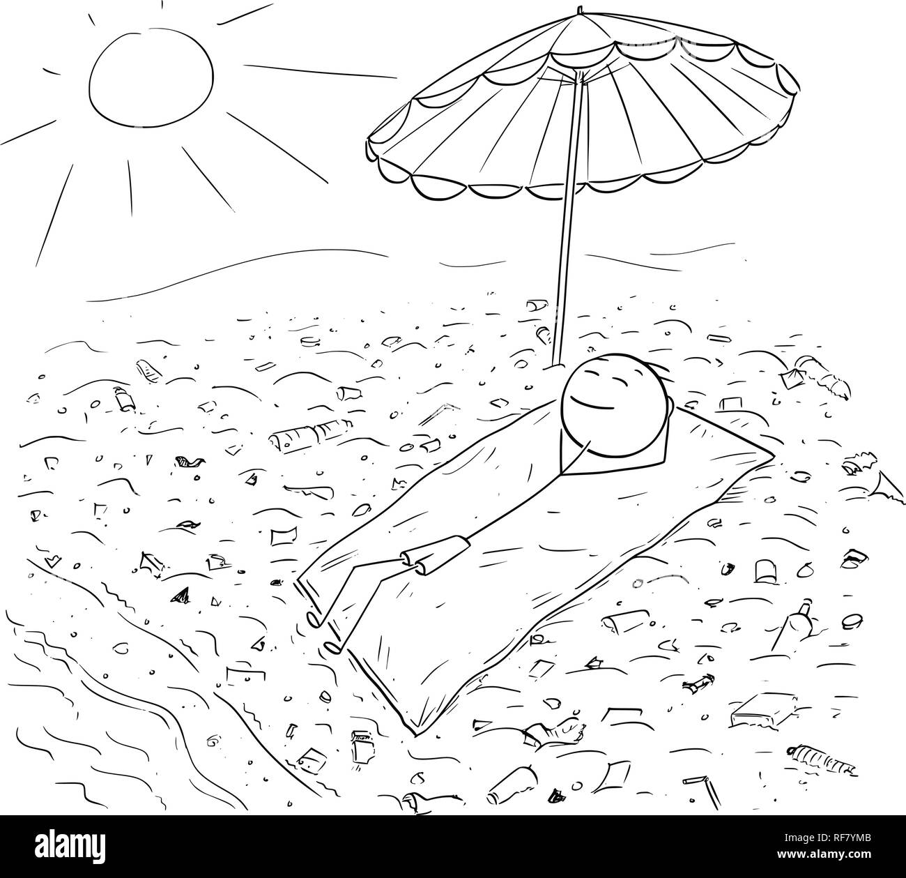 Cartoon of Man Lying on Beach Polluted by Plastic Waste Stock Vector
