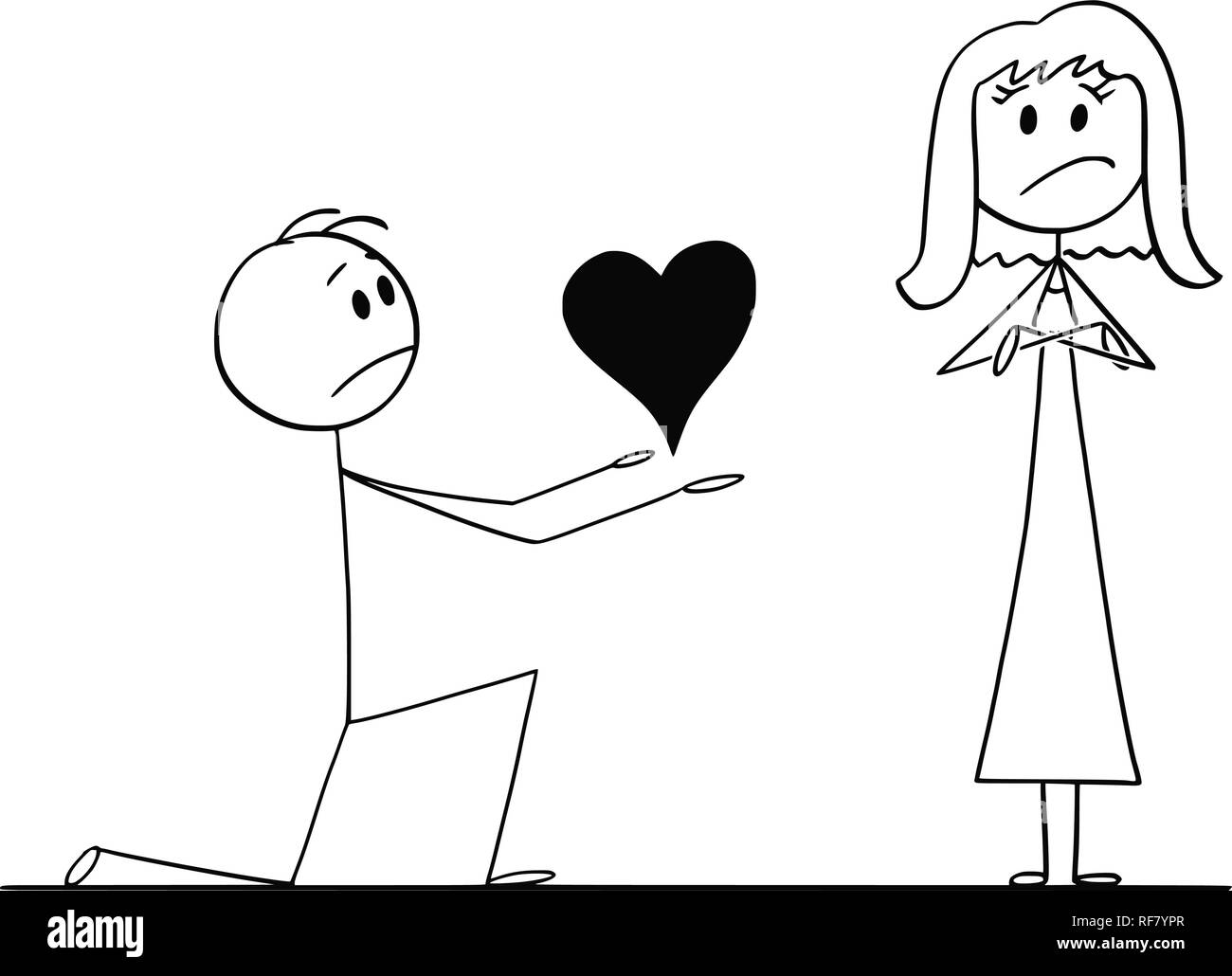 Cartoon of Man on Knees Giving Heart to His Woman of Love, But She Rejects Stock Vector