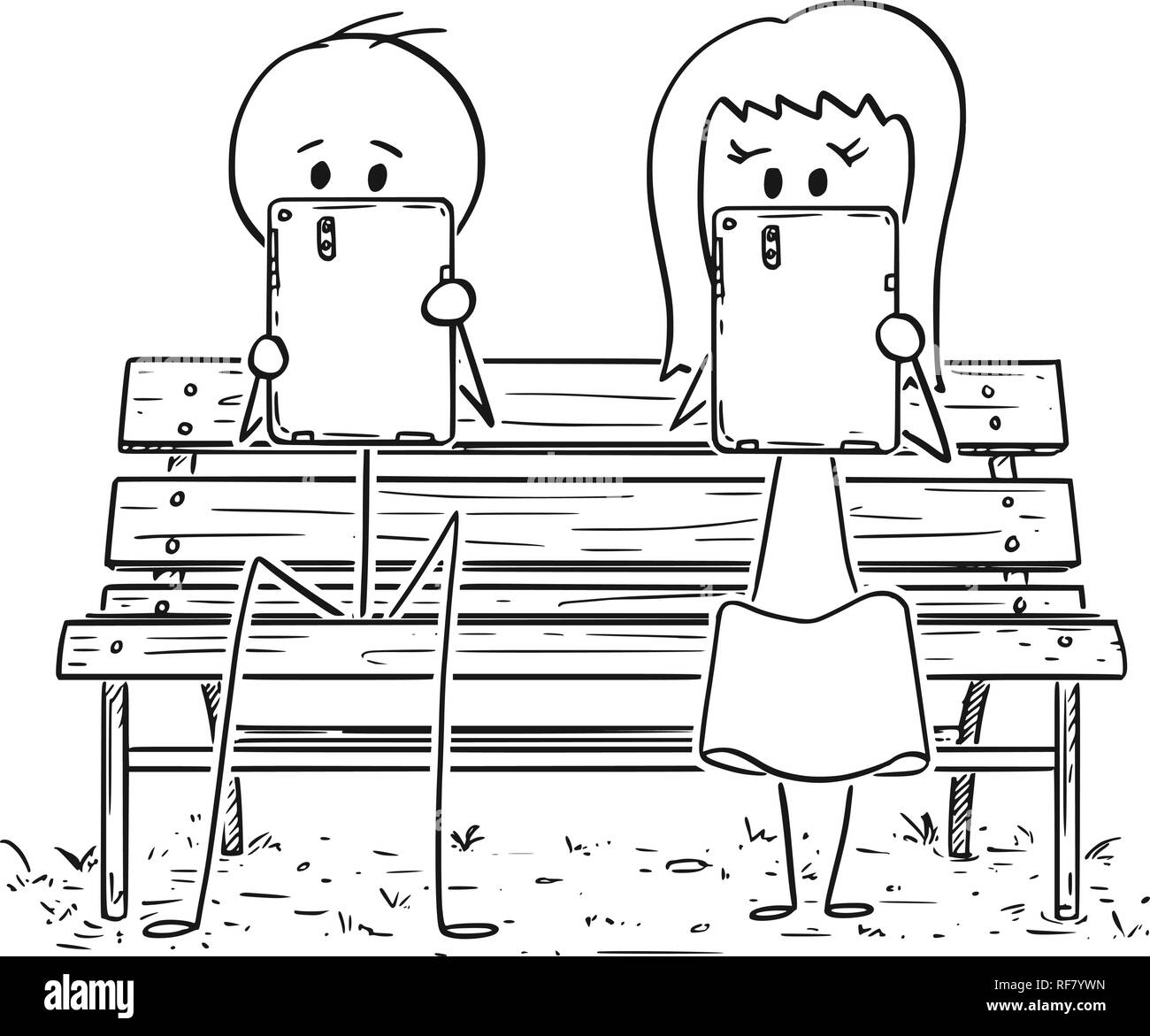 Cartoon of Couple Sitting on Park Bench and Working or Doing Something on Tablets Stock Vector