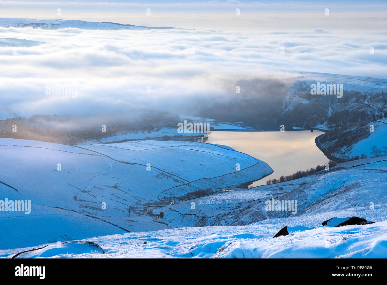 Kinder Reservoir with a temperature inversion, winter, Peak District National Park,UK Stock Photo