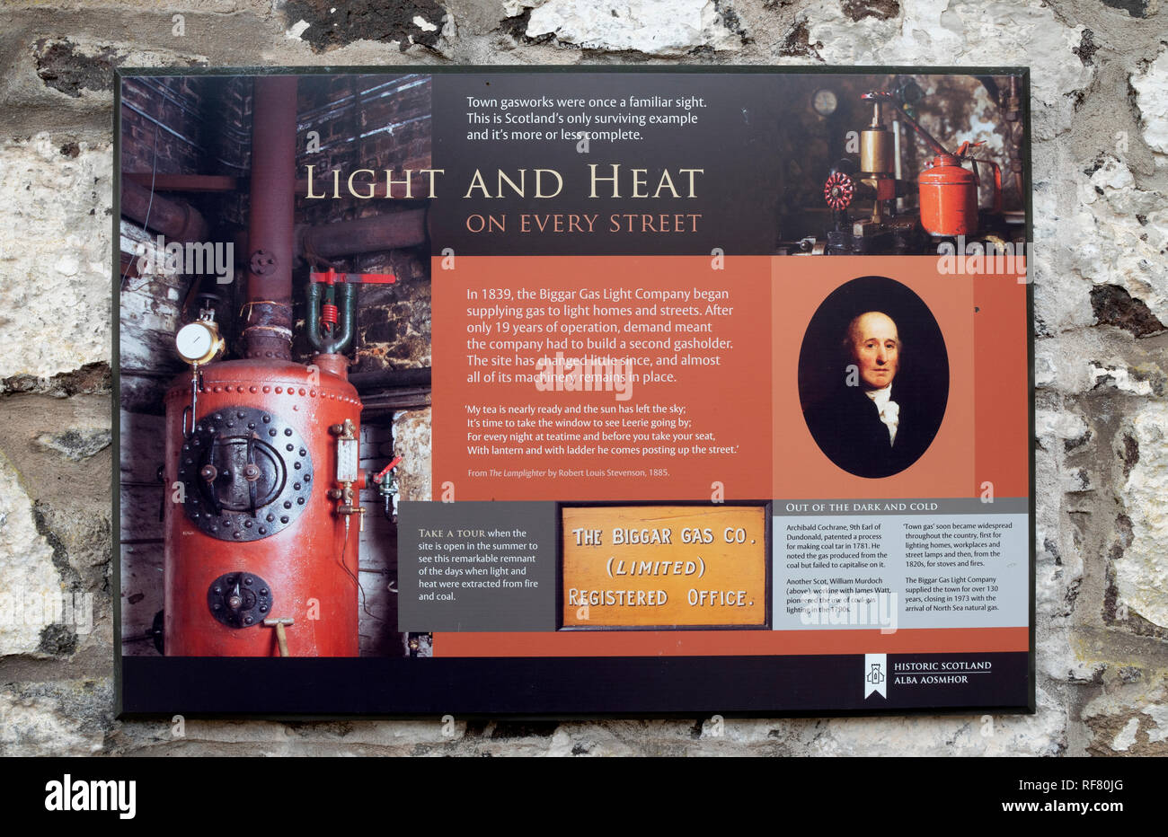 Information board at the Biggar Gasworks Museum, Biggar, South Lanarkshire, Scotland, UK. Stock Photo