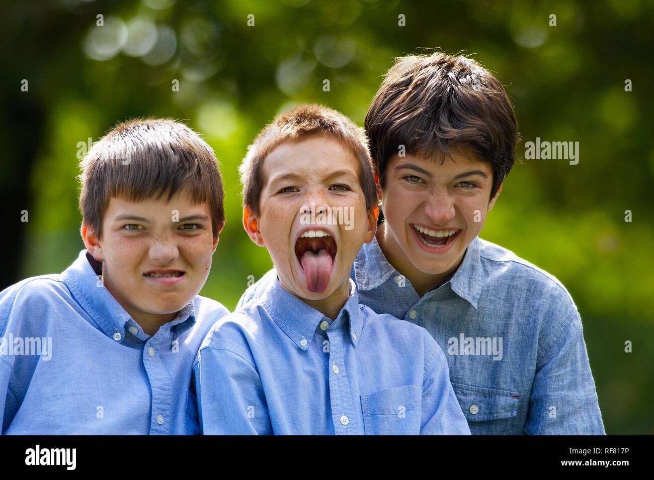 Portrait of three brothers ages 9 to 13. Stock Photo