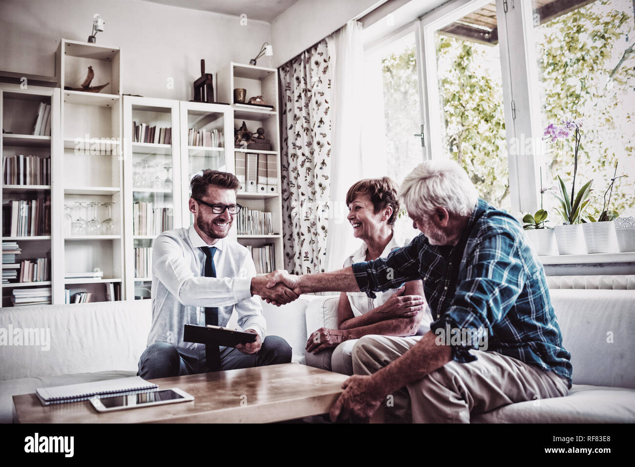 Financial advisor shaking hands with senior man Stock Photo