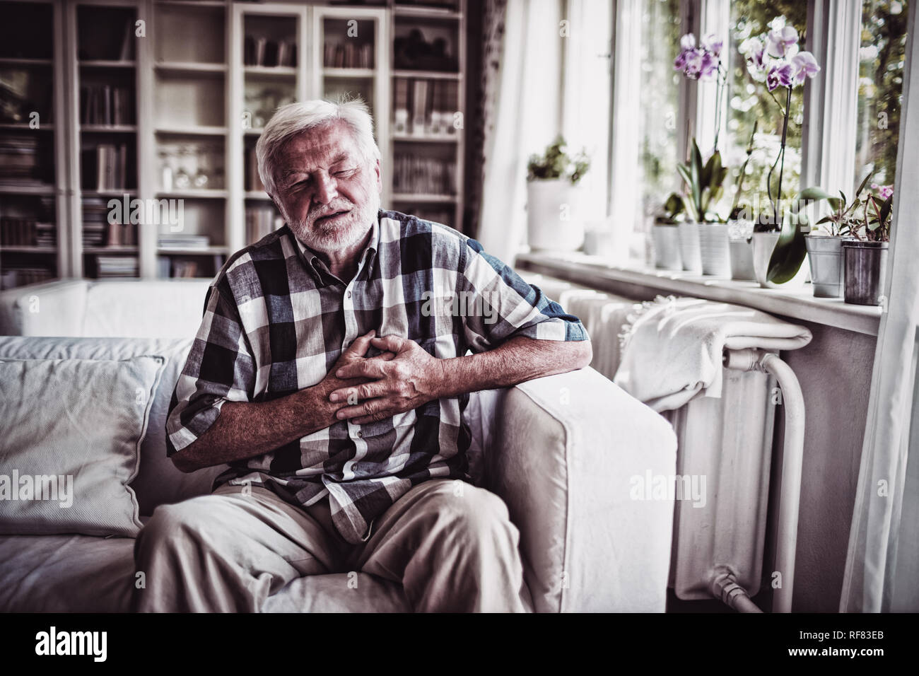 Senior man suffering from chest pain Stock Photo