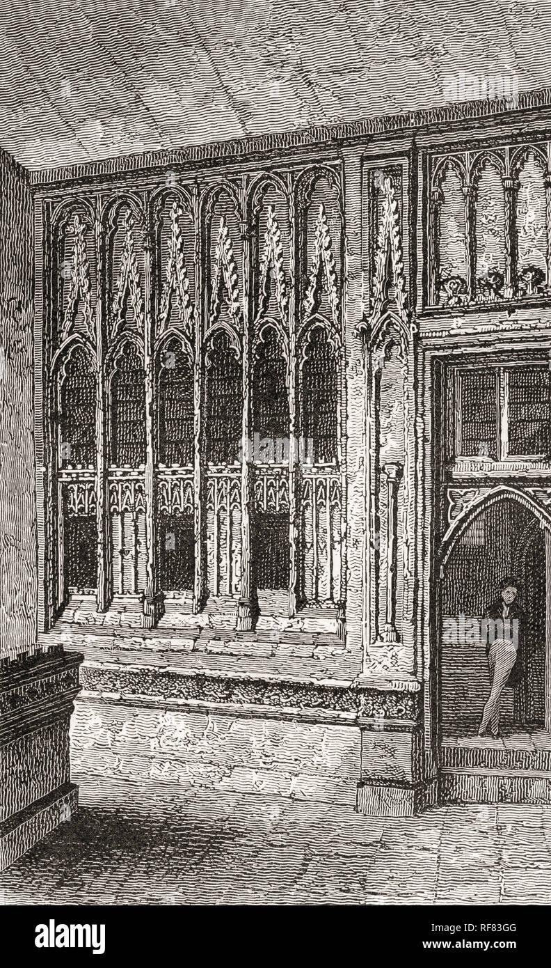 The lobby of the old House of Commons, Palace of Westminster, London, England, seen here in the 19th century.  From London Pictures, published 1890 Stock Photo