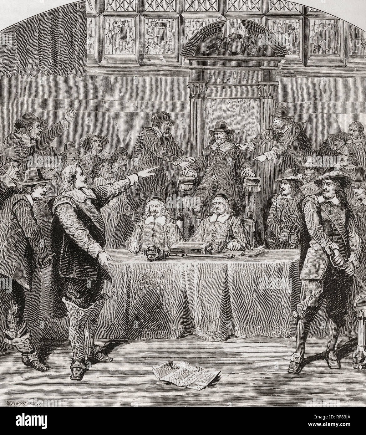 John Eliot was a defender of freedom of speech for the house of commons.  During the Parliament of 1629 Eliot presented three resolutions condemning Charles I's illegal taxation and religious policies.  Charles ordered Parliament to adjourn, but Eliot had the speaker of the House of Commons, Sir John Finch, held down in his chair by Denzil Holles and Benjamin Valentine until the resolutions were read out. As a consequence Eliot and others were arrested & imprisoned in the Tower of London.  Sir John Eliot, 1592 –1632. English statesman.  From London Pictures, published 1890 Stock Photo