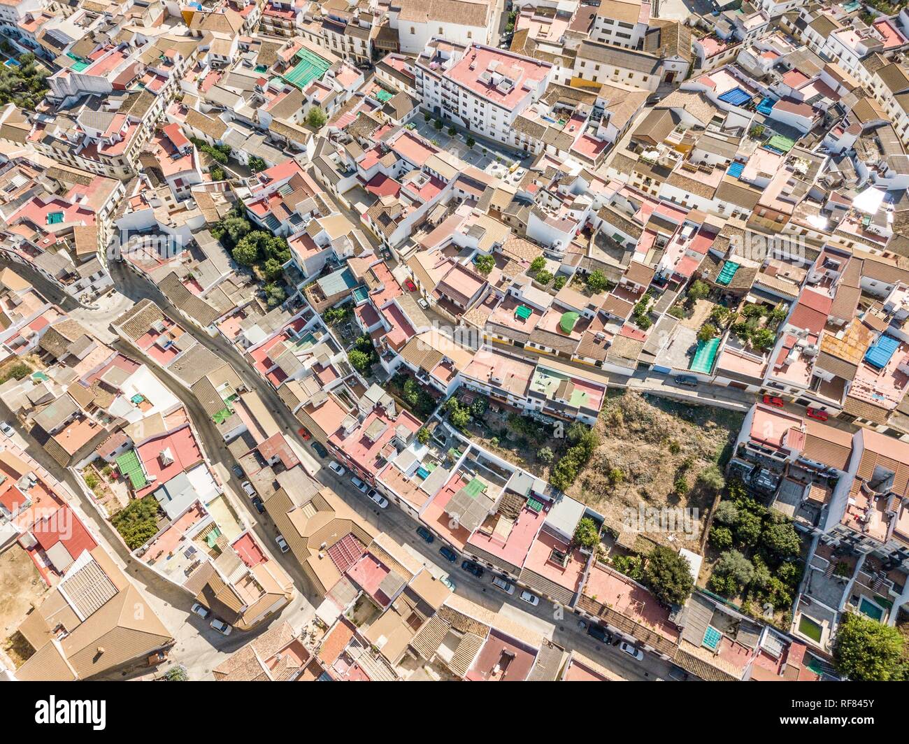 Architectural pattern of little Spanish town, drone image, Almodovar del Rio, Andalusia, Spain Stock Photo