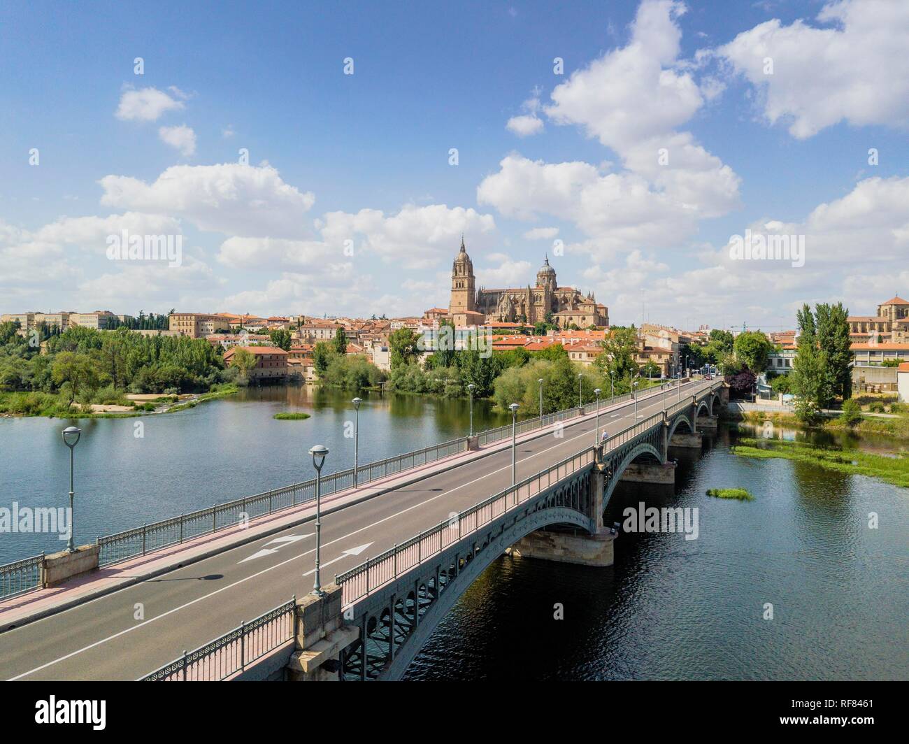 Cityscape of Salamanca with bridge over Tormes river and cathedral, Spain Stock Photo