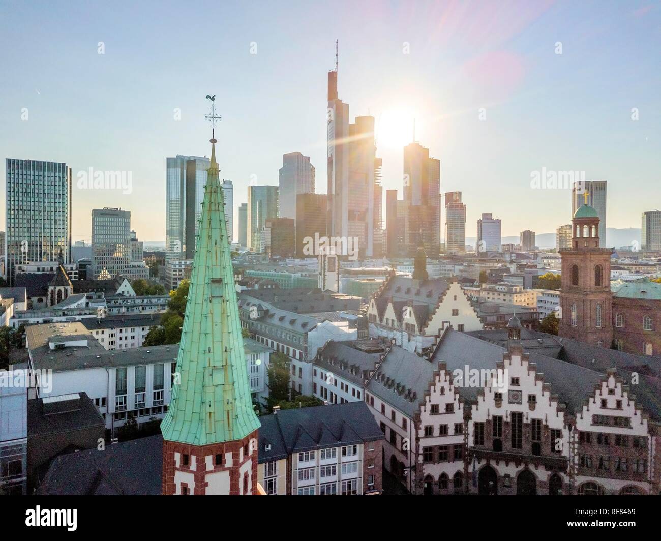 Old town downtown with highrises during sunny day in Frankfurt am Main, Germany Stock Photo