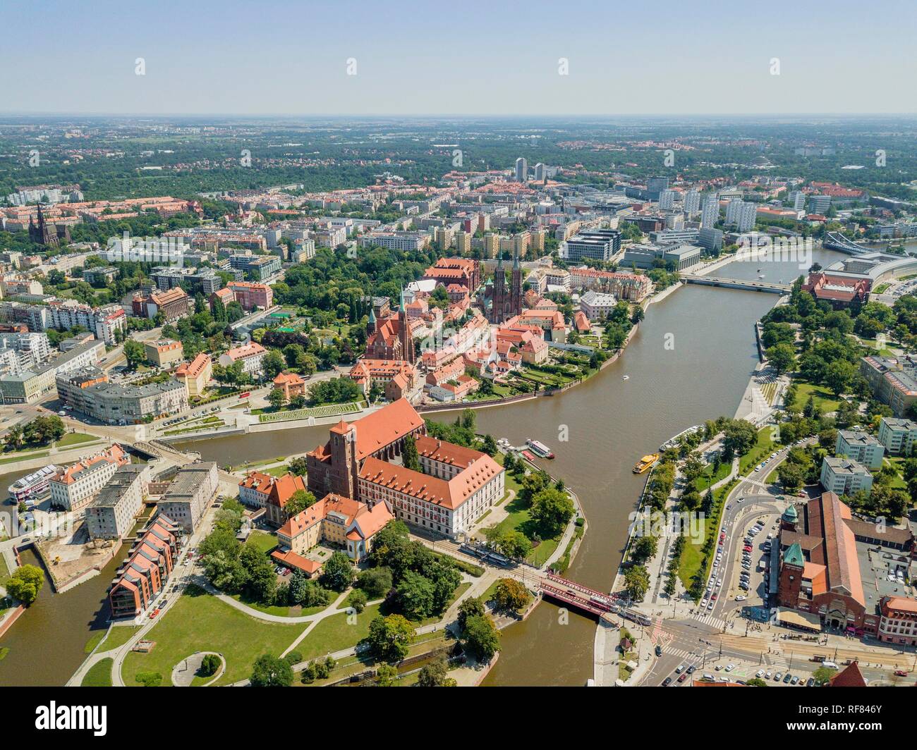 Drone image of the oldest, historic part of Wroclaw located mostly on the islands, Poland Stock Photo