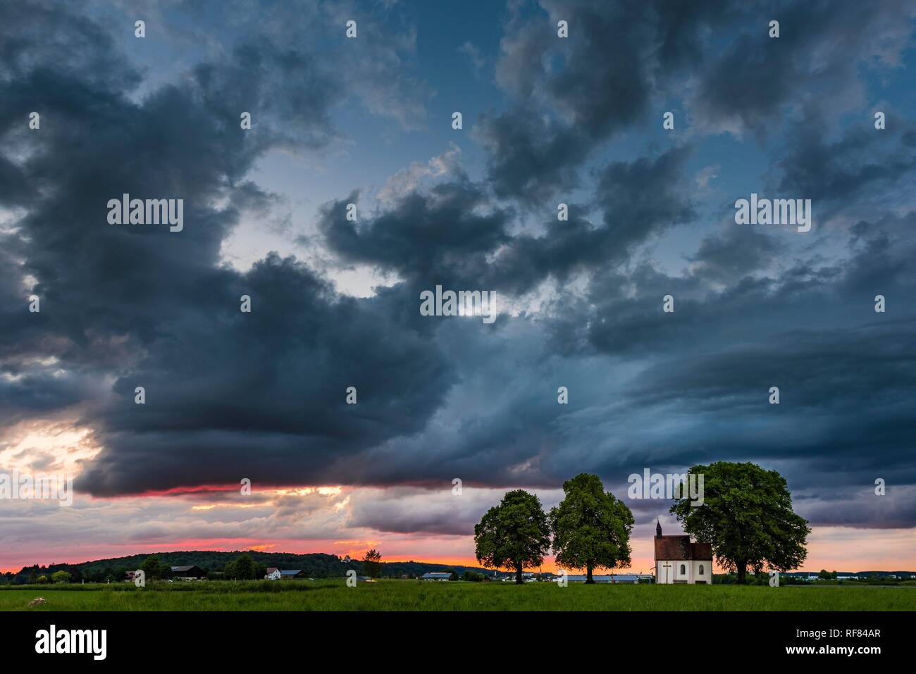 Fourteen emergency helpers chapel with dramatic cloud sky, apple trach Unterallgäu, Bavaria, Germany Stock Photo