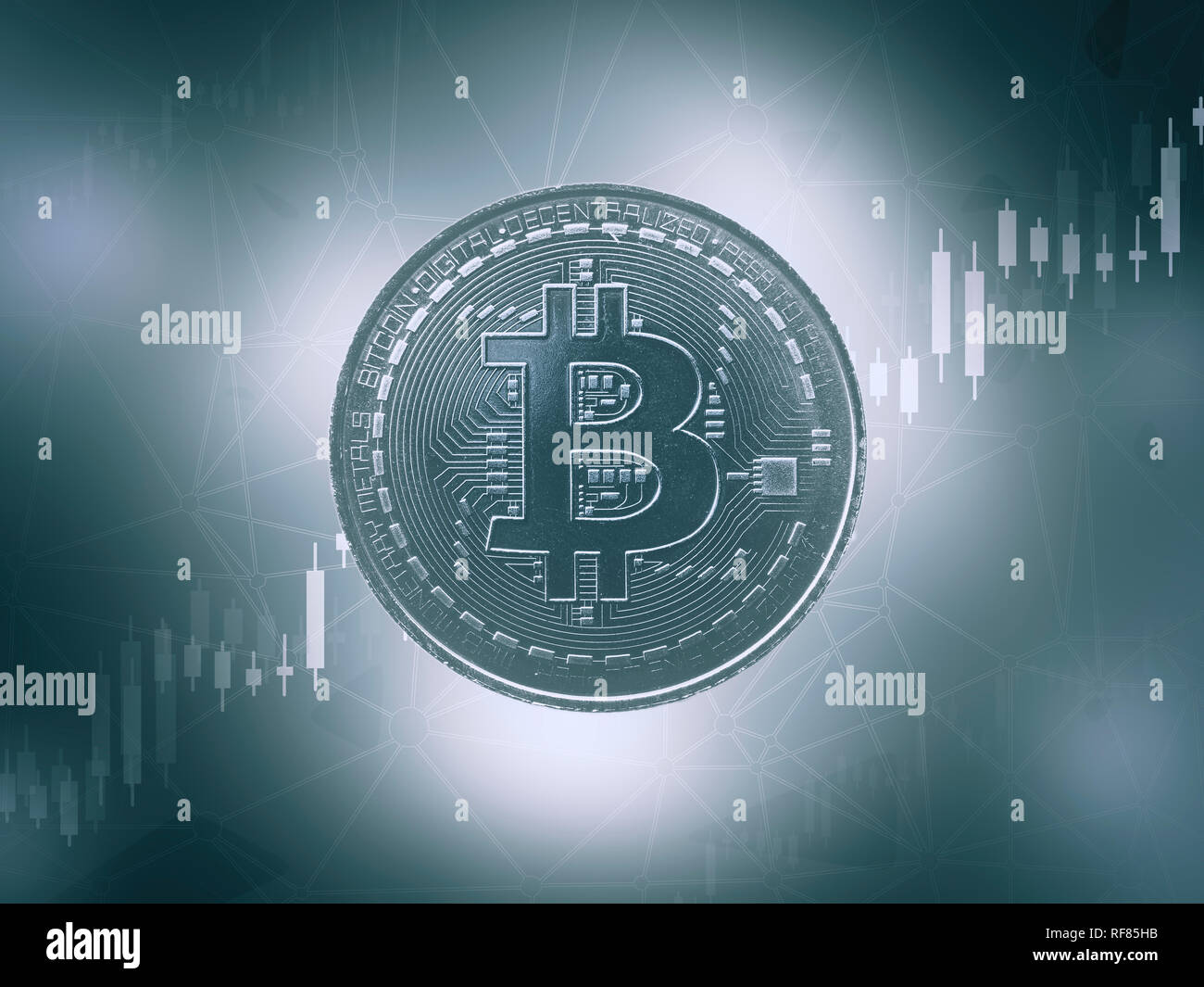 Bitcoins and New Virtual money concept. Blue bitcoin with Candle stick  graph chart Stock Photo - Alamy