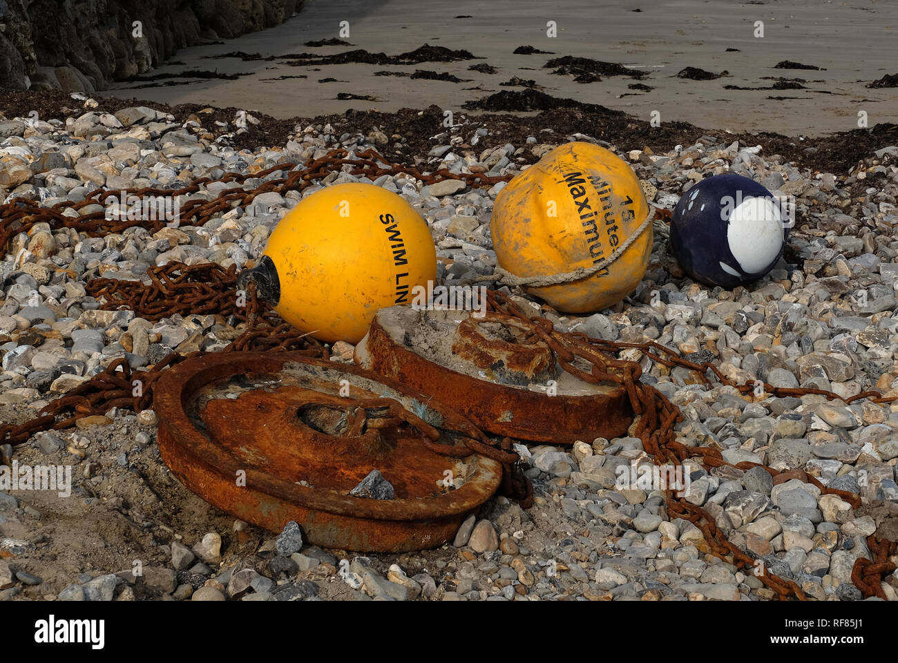 Mooring weights and buoys on the Cobb at Lyme Regis, Dorset, English