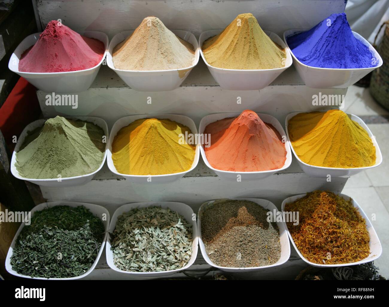 Spices at the Sharia El Souk Street Bazaar, local shopping area in Aswan, Egypt, Africa Stock Photo