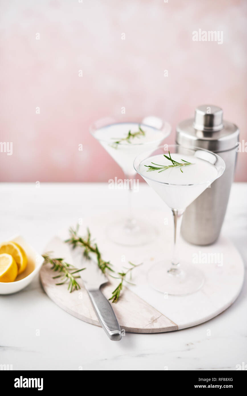 Refreshing summer alcoholic cocktail Margarita with rosemary and citrus fruits or sparkling gin and lemonade with cocktail shaker on marble table over Stock Photo