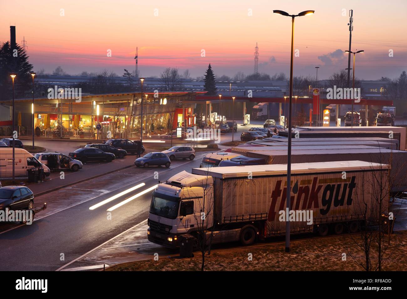 Service station, truck parking along Autobahn (Motorway) A2, Bottrop, North Rhine-Westphalia Stock Photo