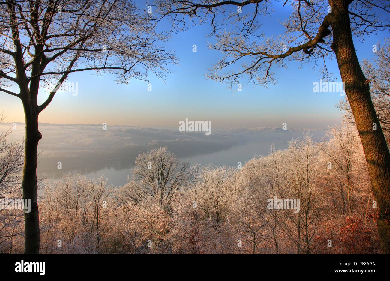 Frost-covered winter landscape and Lake Baldeney in Essen, North Rhine-Westphalia Stock Photo