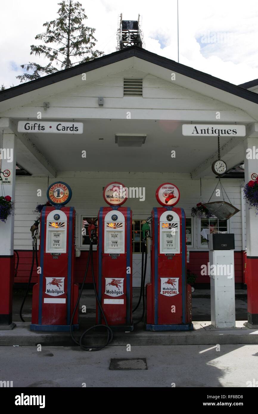 Historic gas station, retro gas pumps, Gustavus, Alaska, USA, North