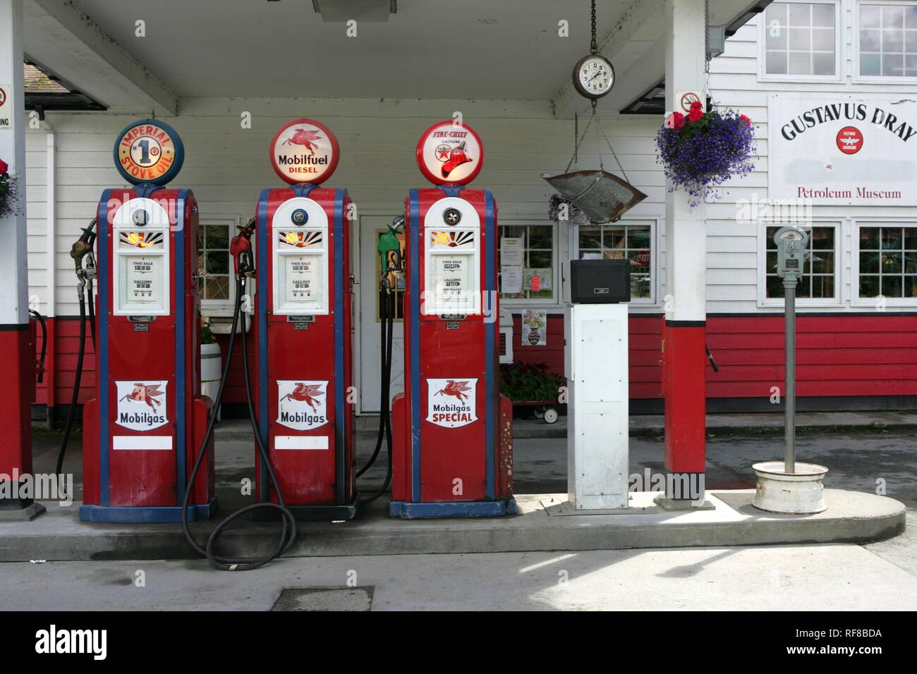 Historic gas station, retro gas pumps, Gustavus, Alaska, USA, North America Stock Photo