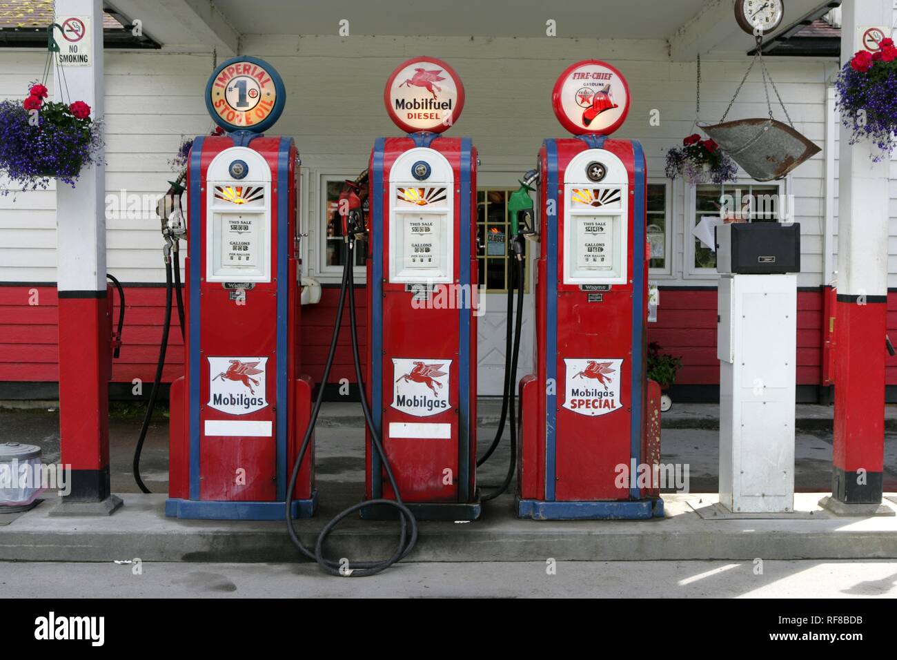 Historic gas station, retro gas pumps, Gustavus, Alaska, USA, North America Stock Photo