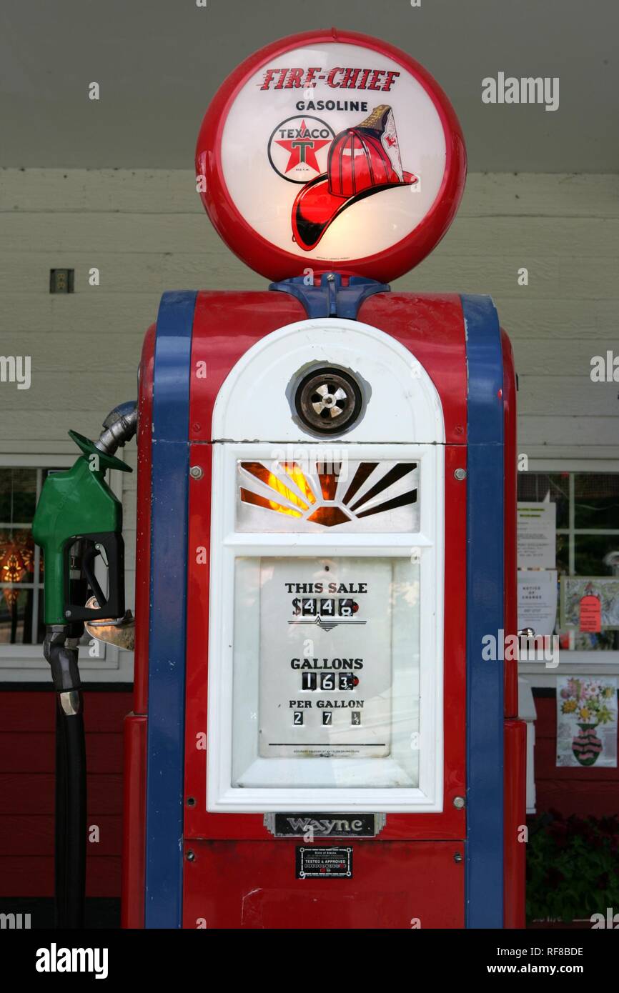 Historic gas station, retro gas pump, Gustavus, Alaska, USA, North America Stock Photo