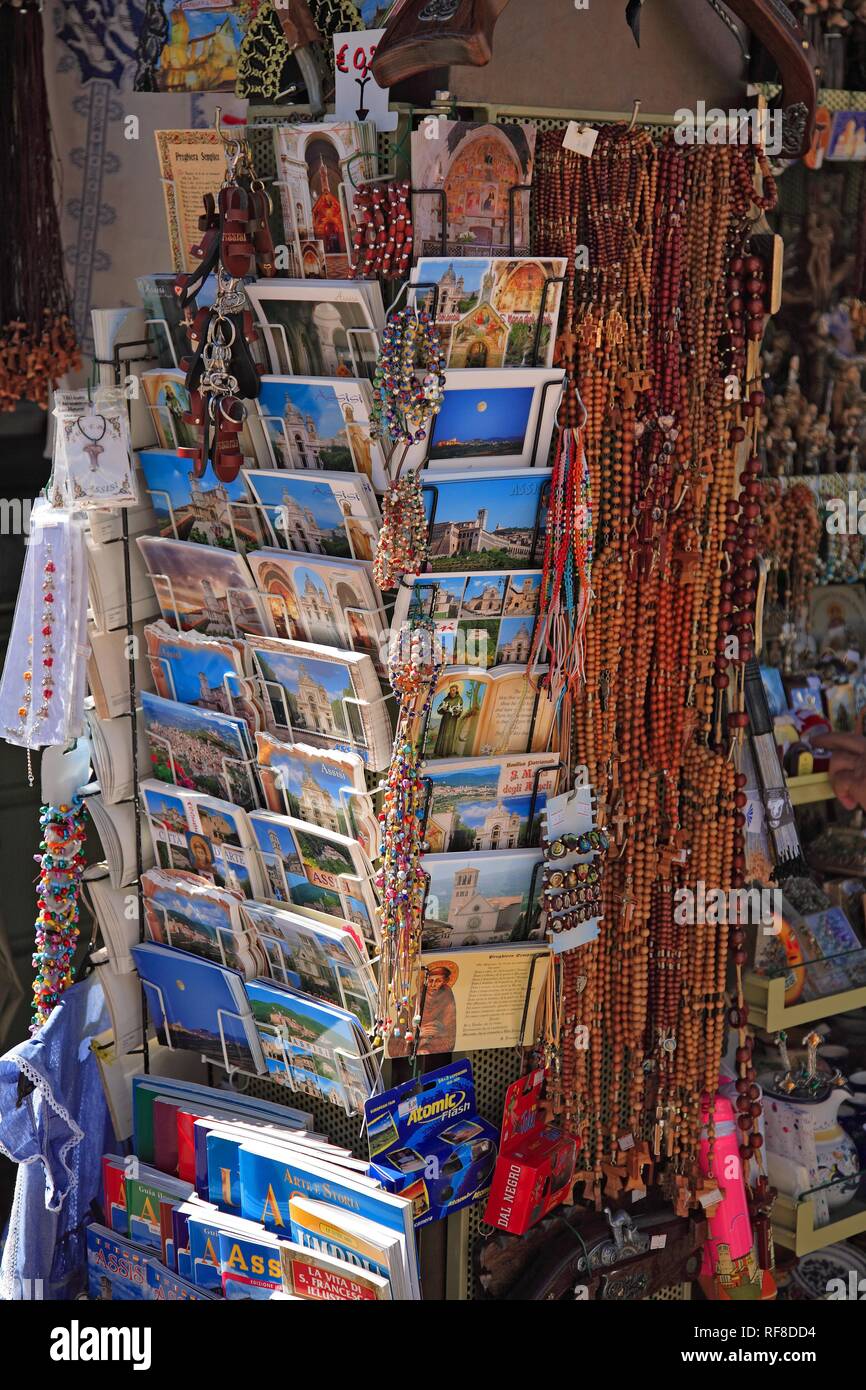 Stand with picture postcards and souvenirs near Assisi, Umbria, Italy