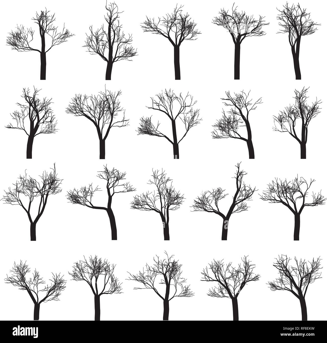 Set of tree silhouettes, hand drawn vector design elements. Stock Vector