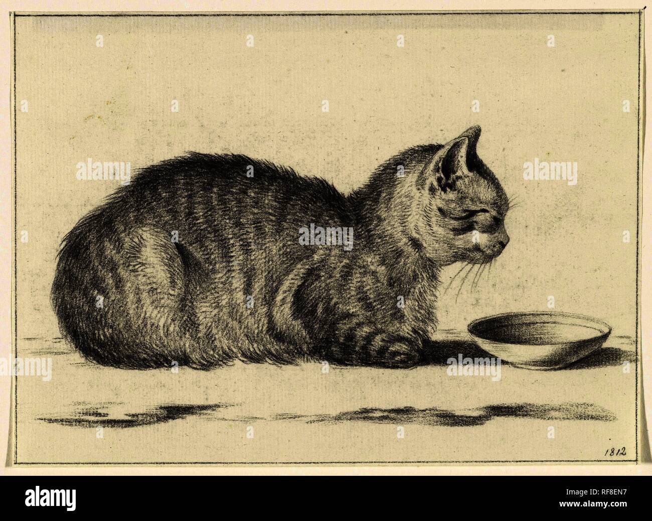 Lying cat, to the left, for a dish. Draughtsman: Jean Bernard. Dating: 1812. Measurements: h 141 mm × w 195 mm. Museum: Rijksmuseum, Amsterdam. Stock Photo