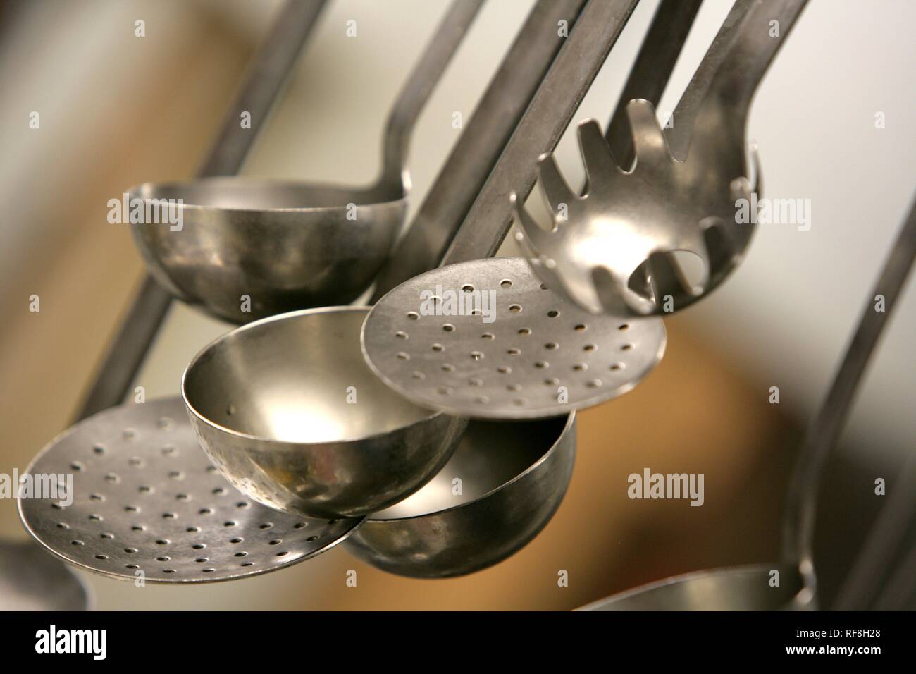 Kitchen utensils at a restaurant kitchen in Germany, Europe Stock Photo