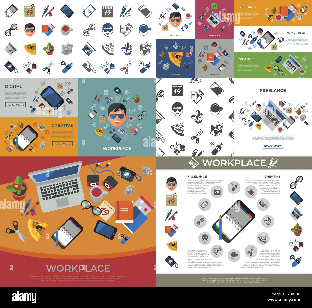 Digital vector freelance creative workplace icons set, flat style infographics Stock Vector