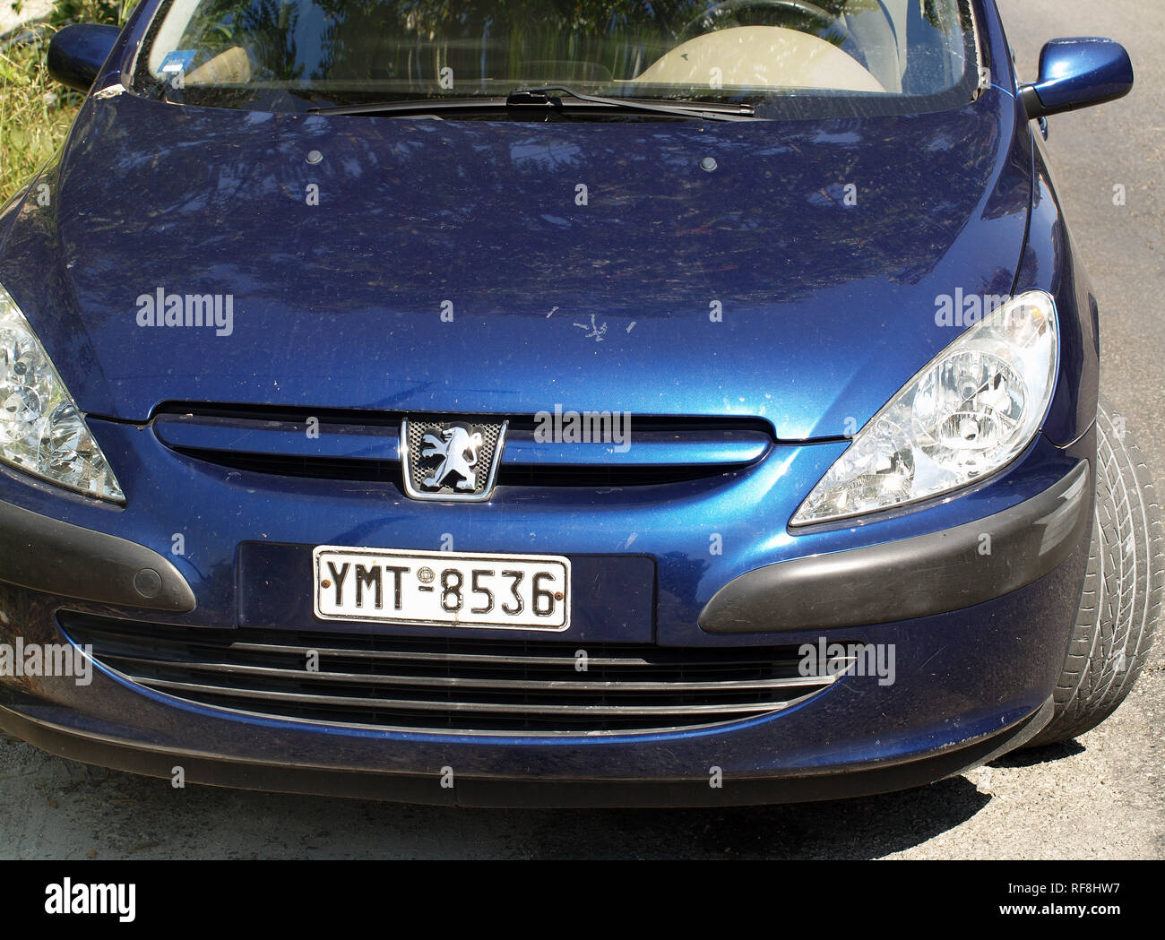 Blue Peugeot 307 in Corfu, Greece Stock Photo
