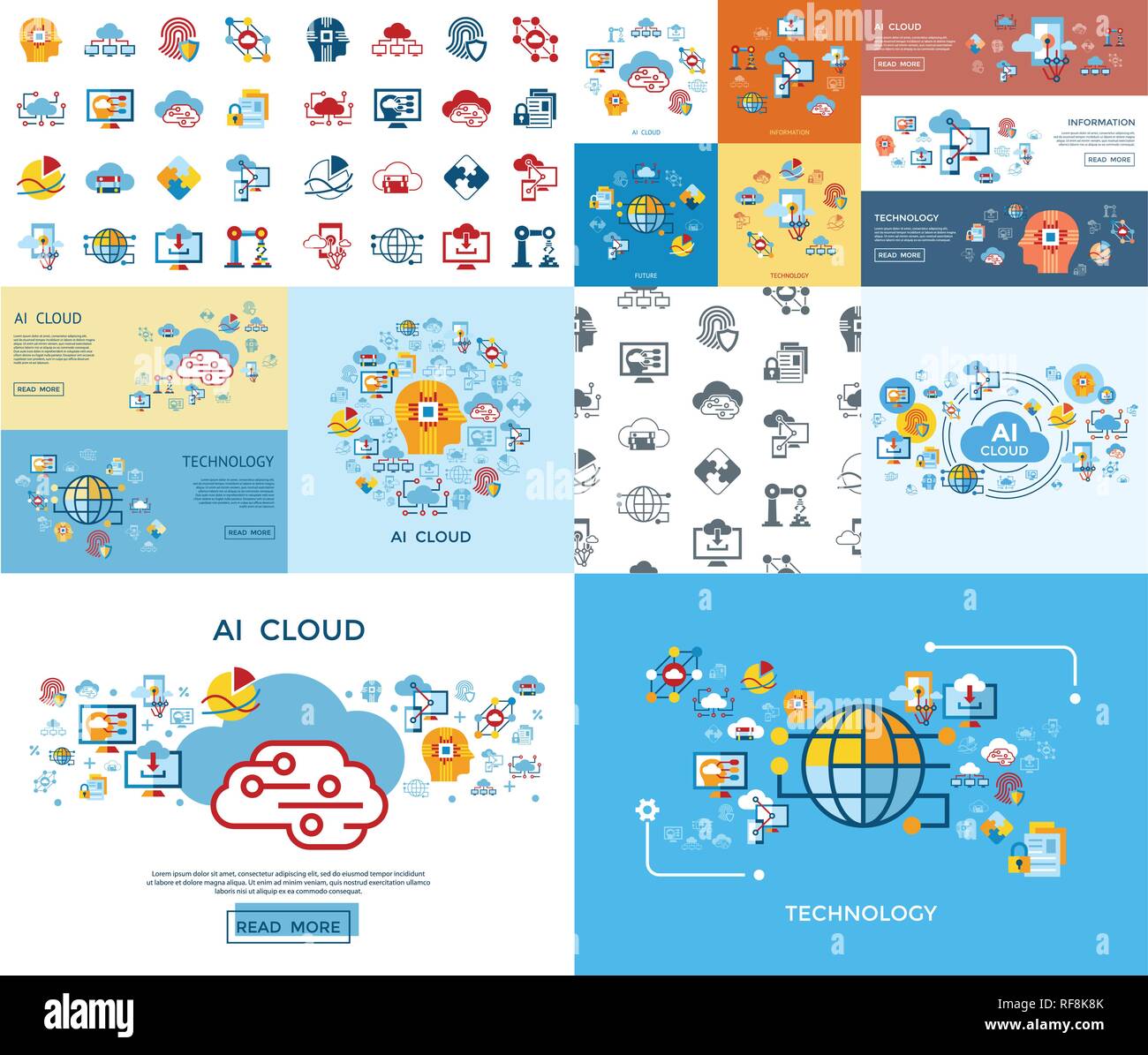 Digital vector artificial intelligence cloud icons set infographics Stock Vector