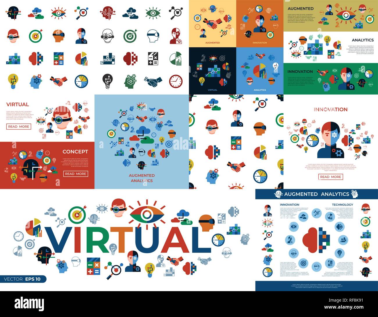 Digital vector augmented analytics and innovation technology icons set infographics Stock Vector