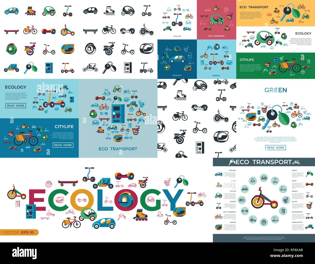 Digital vector eco green transport technology icons set infographics Stock Vector
