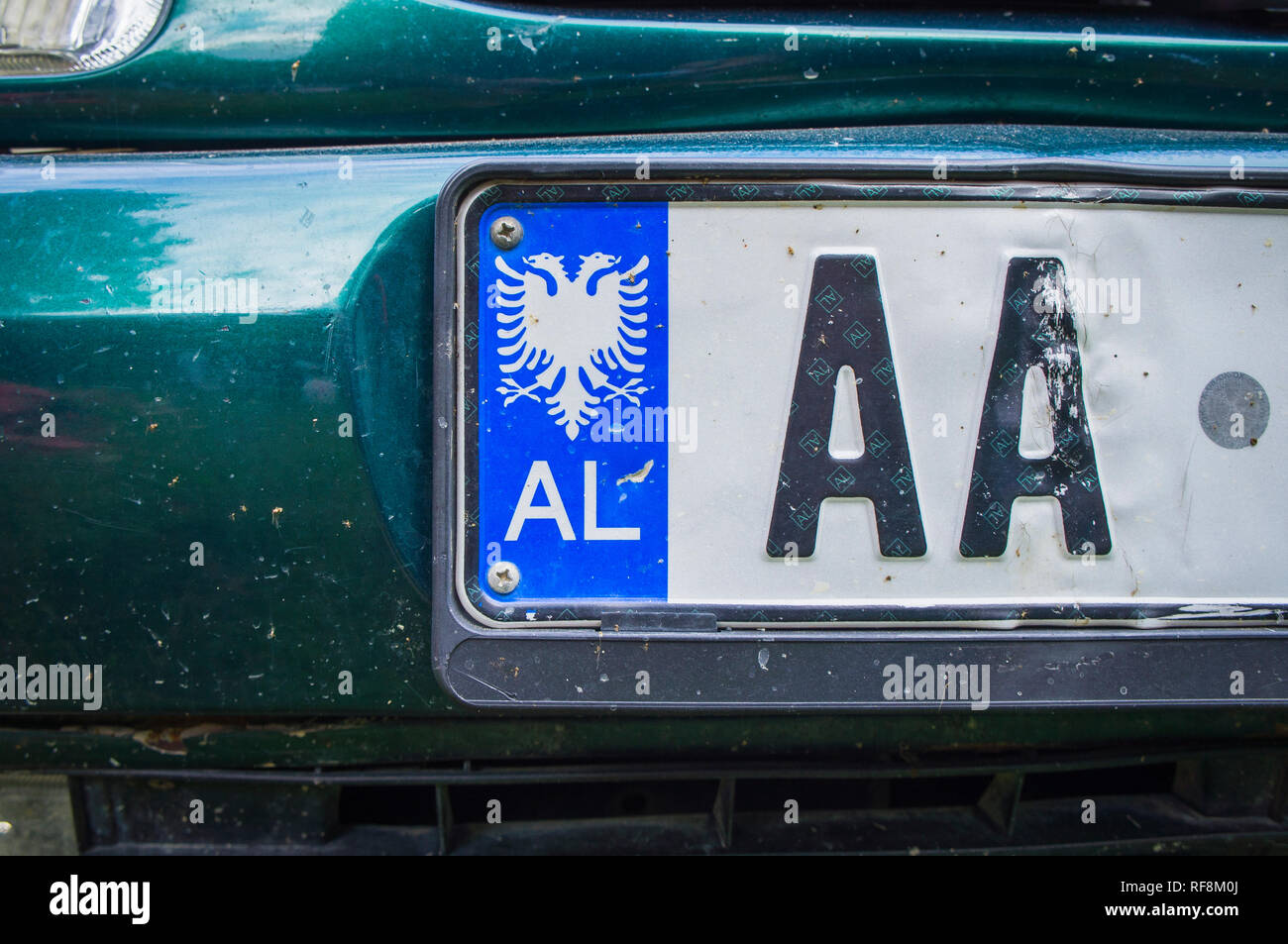 car, vehicle registration plate of Albania, AL, pictured on September 6, 2018. (CTK Photo/Libor Sojka) Stock Photo