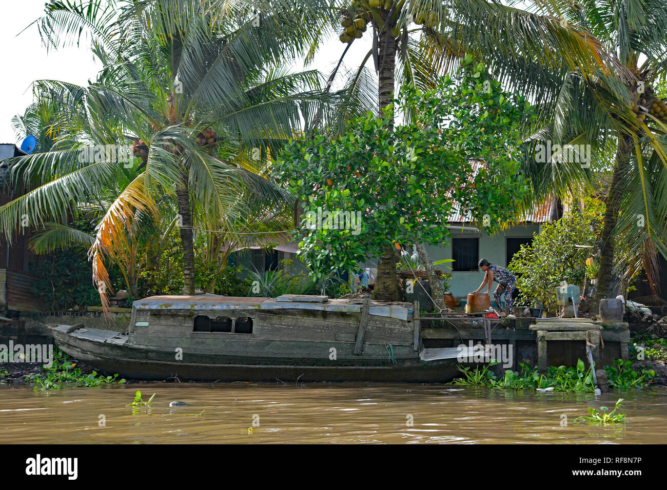 Can Tho; Vietnam - December 31st 2017. A boat moored outside a house in the Mekong Delta. A woman moves some large pots on shore in the background Stock Photo