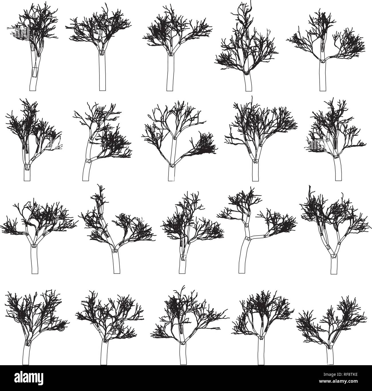 Tree silhouettes set, hand drawn vector design elements. Stock Vector