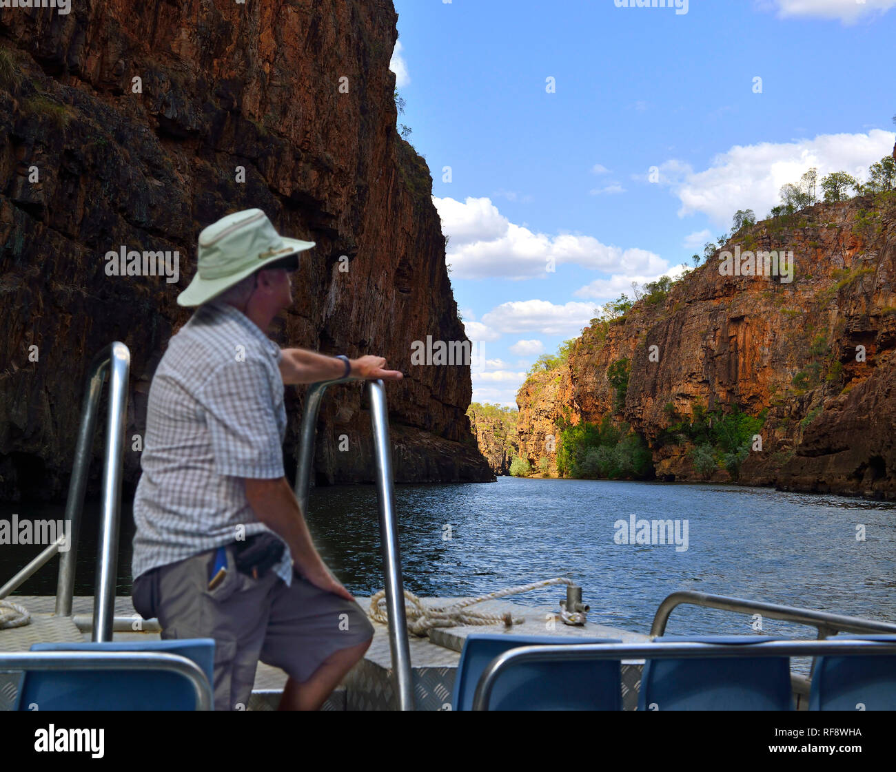 Tourist on tour boat on the Katherine River going through the Katherine Gorge, Nitmiluk National Park,Katherine ,Northern Territory, Top End,Australia Stock Photo