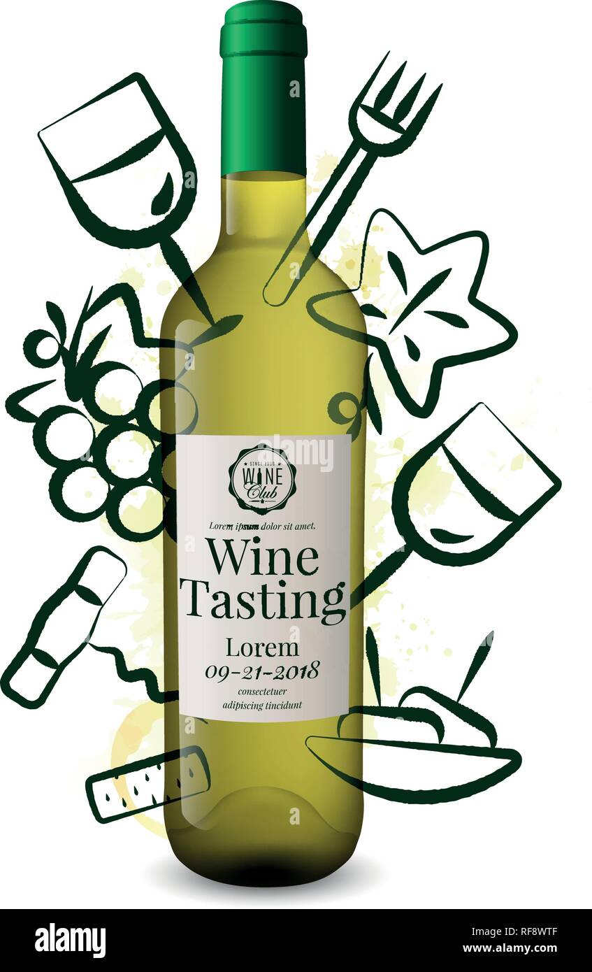 Background wine icons drawn with strokes. White wine bottle