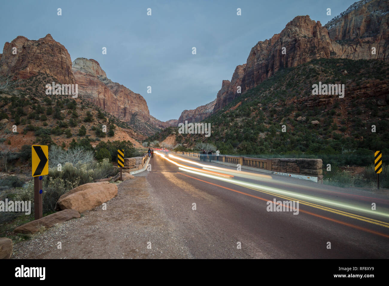 A scenic drive through Zion Canyon lets visitors explore Zion National Park near Springdale, Utah by vehicle; stops along the road lead to short hikes Stock Photo