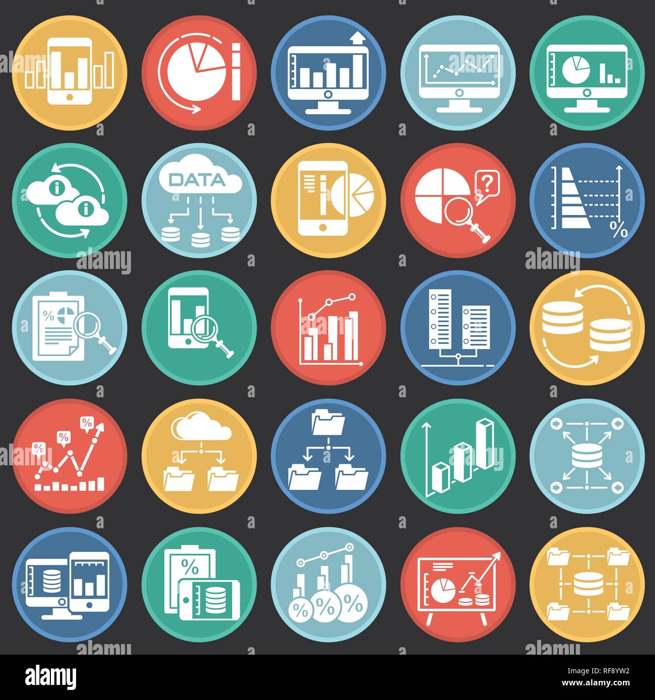 Data analysys icons set on color circles black background for graphic ...