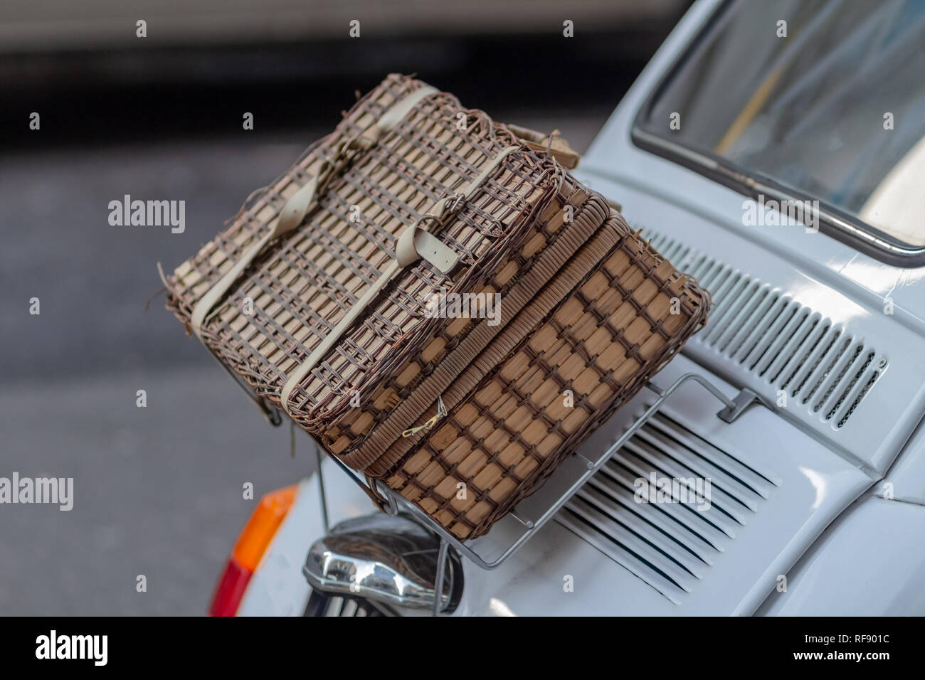 Handmade wicker picnic basket over white car boot Stock Photo Alamy