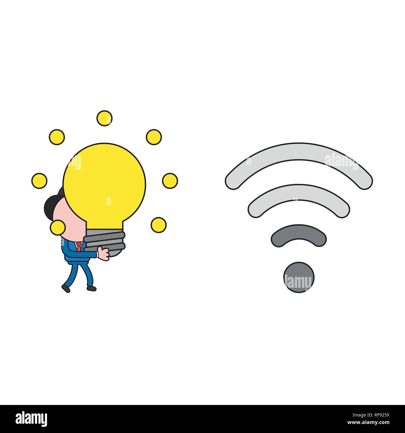 Vector illustration businessman character walking and carrying glowing light bulb idea to wireless wifi with low signal. Color and black outlines. Stock Vector