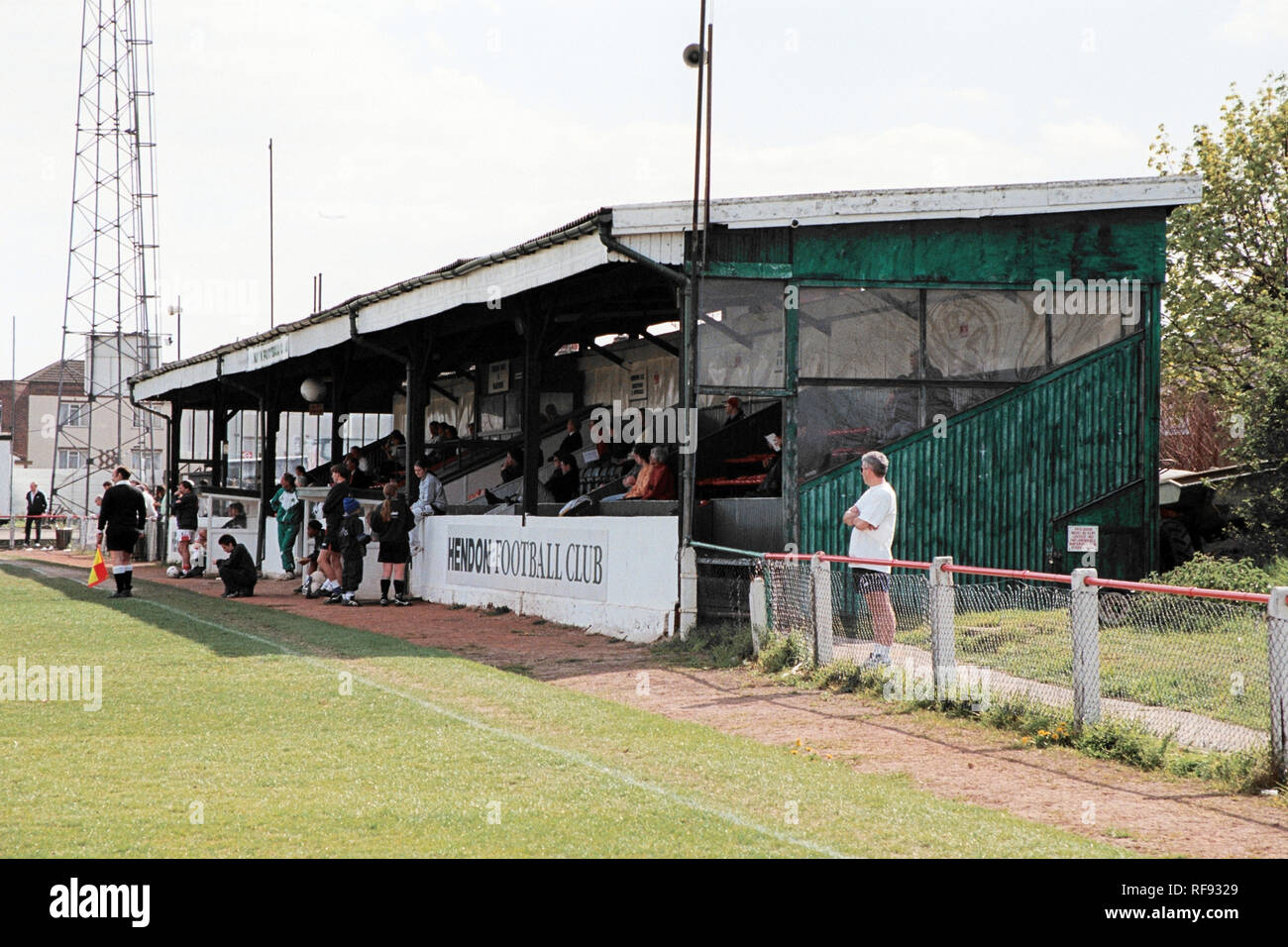 The main stand at Hendon FC Football Ground, Claremont Road, Cricklewood, London, pictured on 13th April 1997 Stock Photo