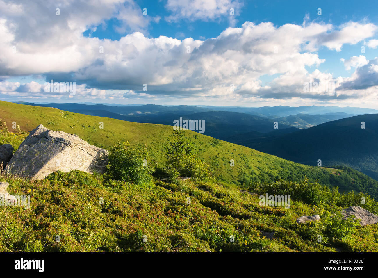 wonderful mountain landscape. beautiful view in to the distant valley. fluffy clouds on the sky. peaceful idyllic afternoon scenery Stock Photo